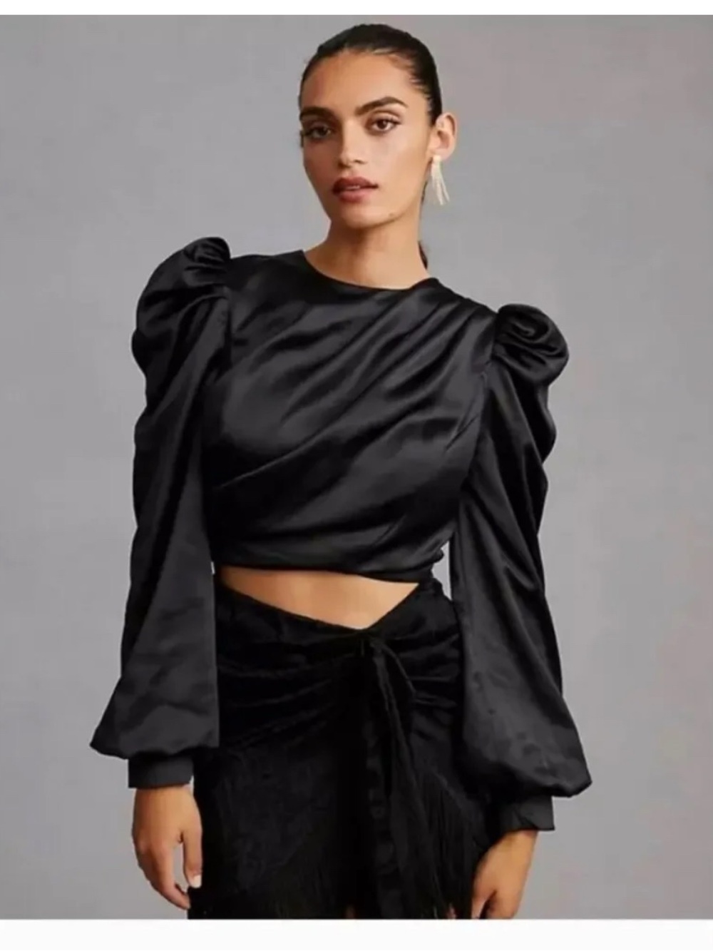 NWT Mare Mare Anthropologie Black Satin Puff-Sleeve Crop Top